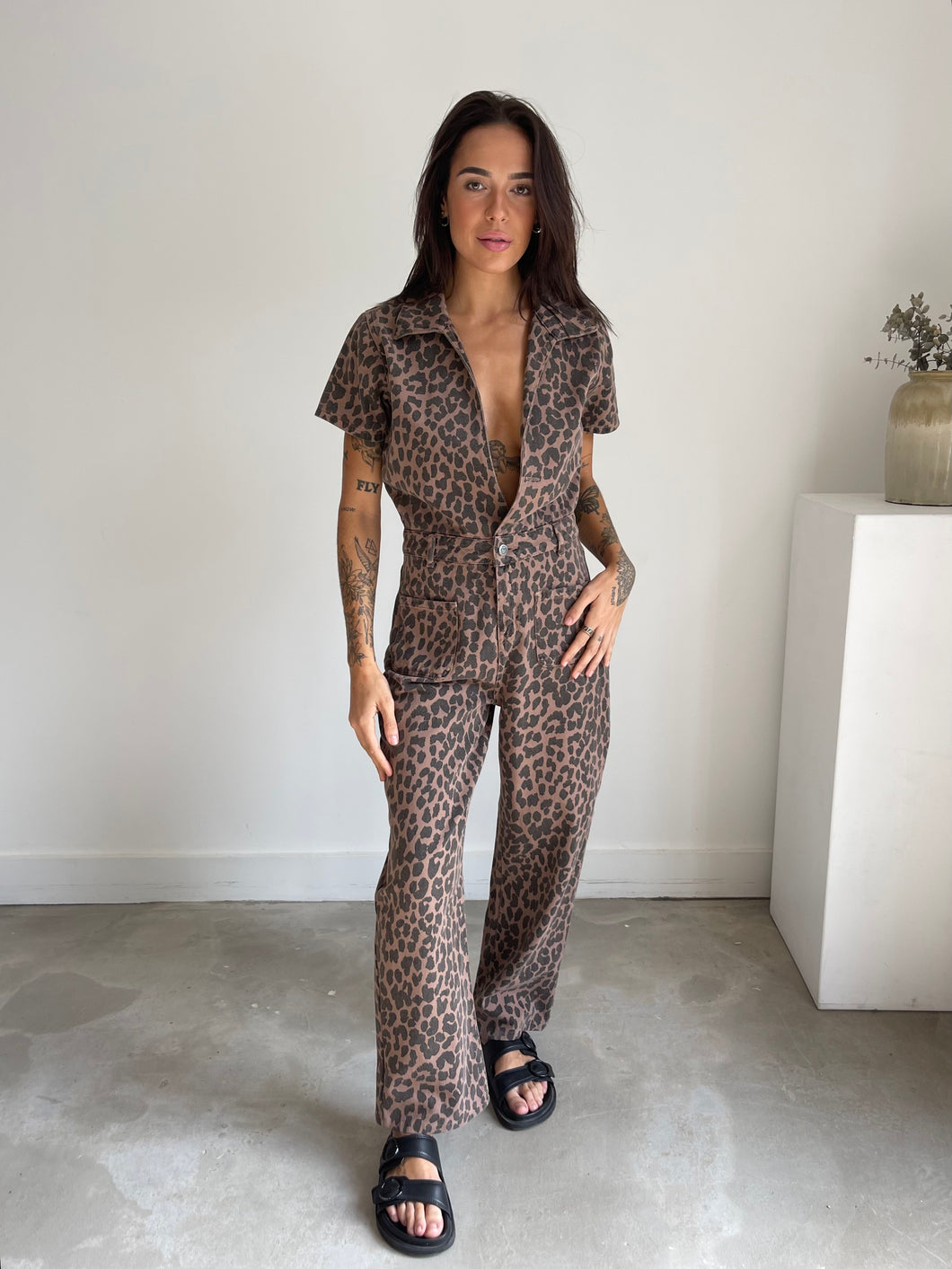 Leopard Print Denim Jumpsuit NEW